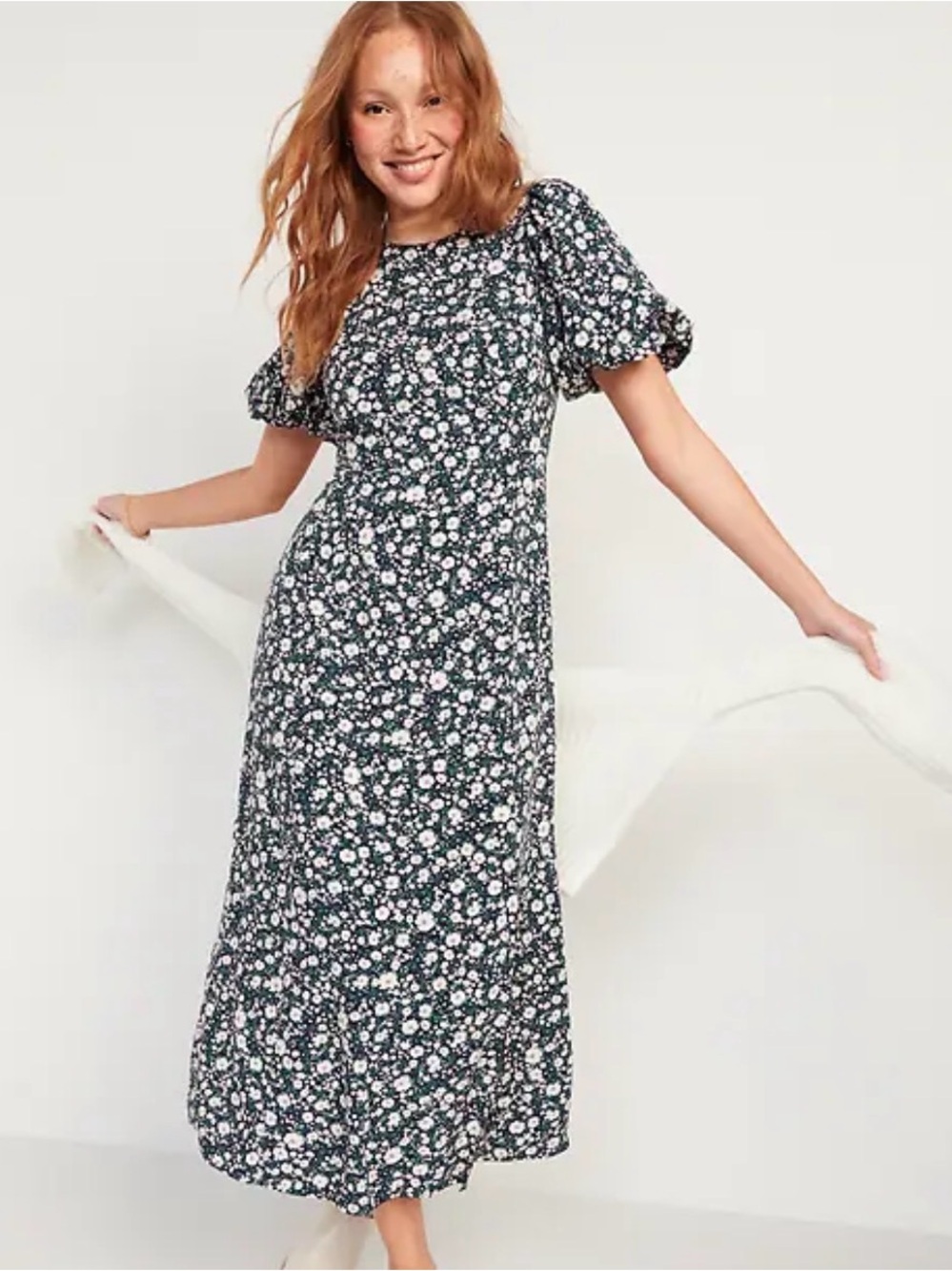 Old Navy Black and White Floral Maxi Dress with Puff Sleeves
